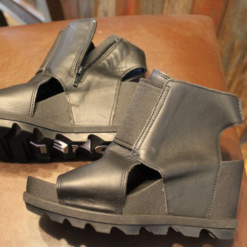 Sorel Open-Toed Wedge Black Leather Heels